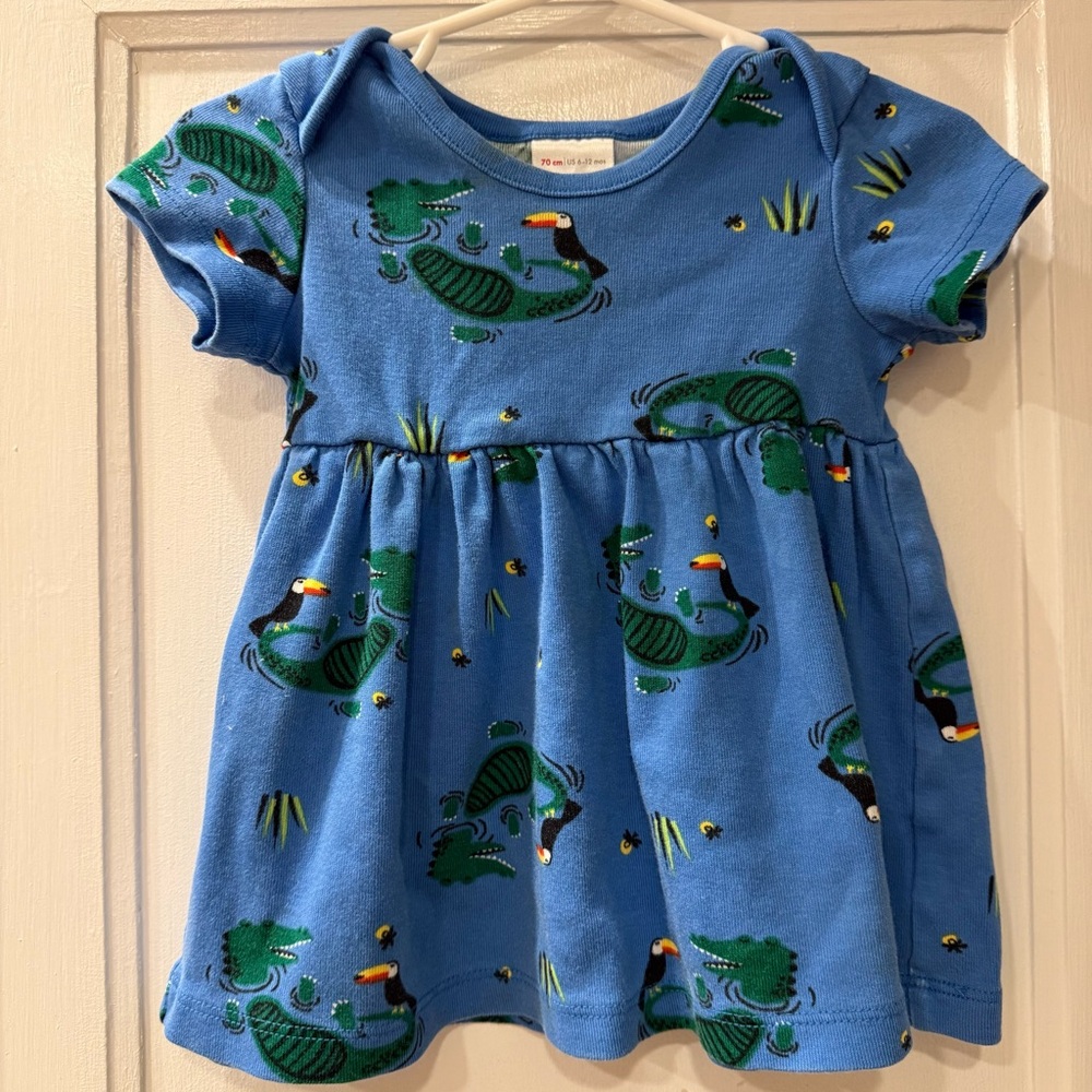 Hanna Andersson Blue Dress with Alligator & Toucan Jungle Print, size 6-12 mo